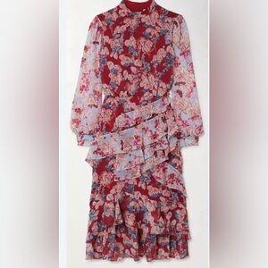 BNWT Saloni Isa Tiered Ruffle Floral Print Silk Chiffon Midi Dress